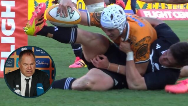 Cam Roigard's try saving tackle on Declan Meredith and an inset of All Blacks head coach Dave Rennie.