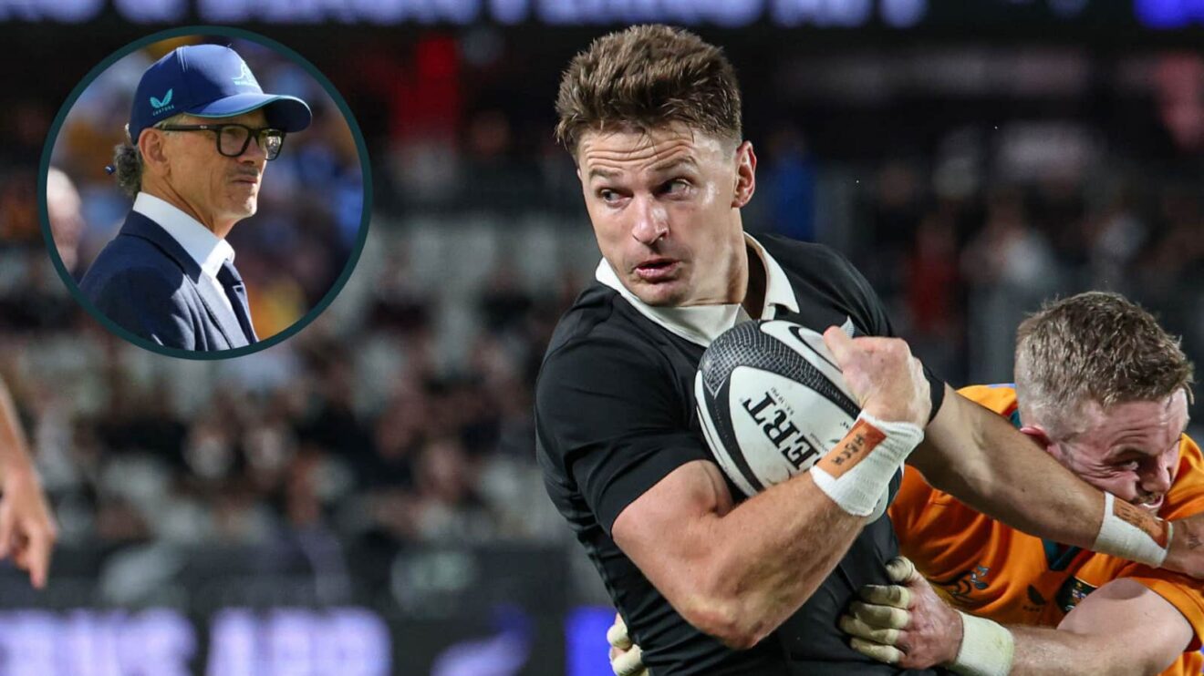 Beauden Barrett in action for the All Blacks and Wallabies head coach Les Kiss (inset).