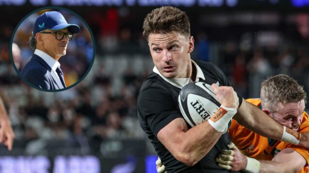 Beauden Barrett in action for the All Blacks and Wallabies head coach Les Kiss (inset).