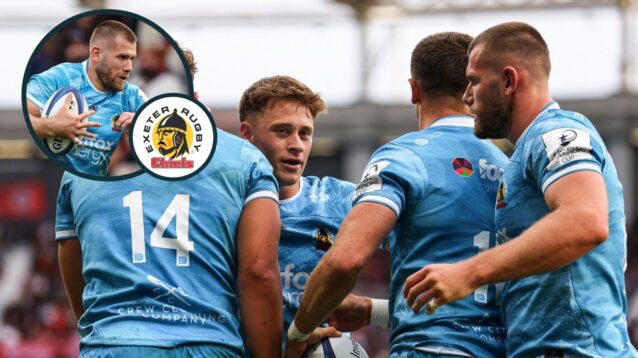 A two layered image of Exeter Chiefs players v Toulouse in 2026/27