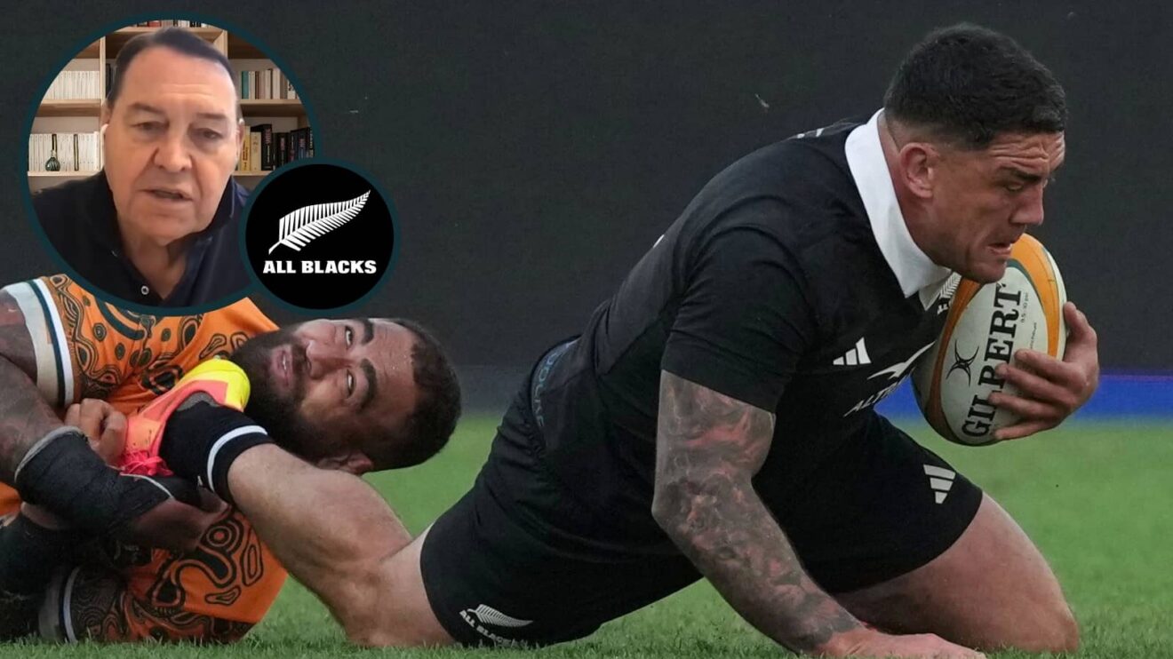 All Blacks taking on the Wallabies in Sydney and legendary New Zealand head coach Sir Steve Hansen (inset).