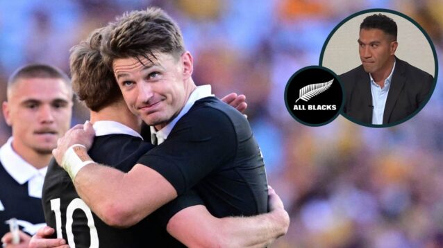Beauden Barrett hugging Damian McKenzie after Wallabies v All Blacks and former New Zealand full-back Mils Muliaina (inset).