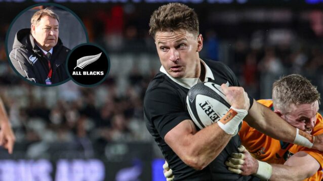 Beauden Barrett in action for the All Blacks against the Wallabies and legendary New Zealand head coach Sir Steve Hansen (inset).