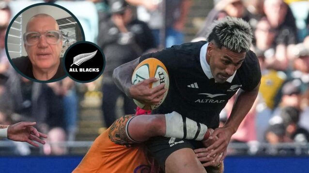 All Blacks centre Rieko Ioane and an inset of Sir John Kirwan.