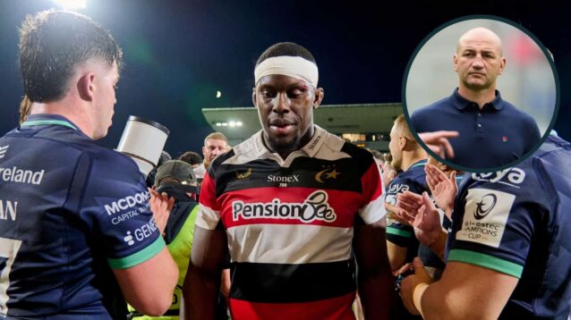 Maro Itoje of Saracens dejected after the Investec Champions Cup defeat to Connacht and an inset of England coach Steve Borthwick.