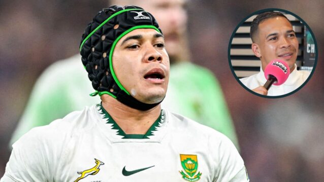 Springboks winger Cheslin Kolbe and an inset of him on the For Love of Rugby podcast.