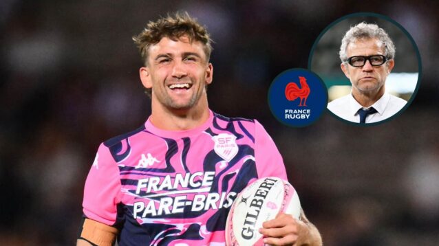 Stade Francais centre Jeremy Ward and an inset of France head coach Fabien Galthie.