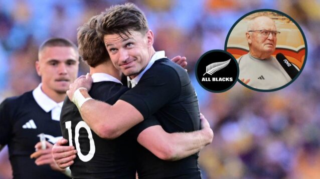 All Blacks Damian McKenzie and Beauden Barrett embrace and an inset of Sir Graham Henry.