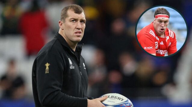 Brodie Retallick during 2023 Rugby World Cup and playing in Japan (inset).
