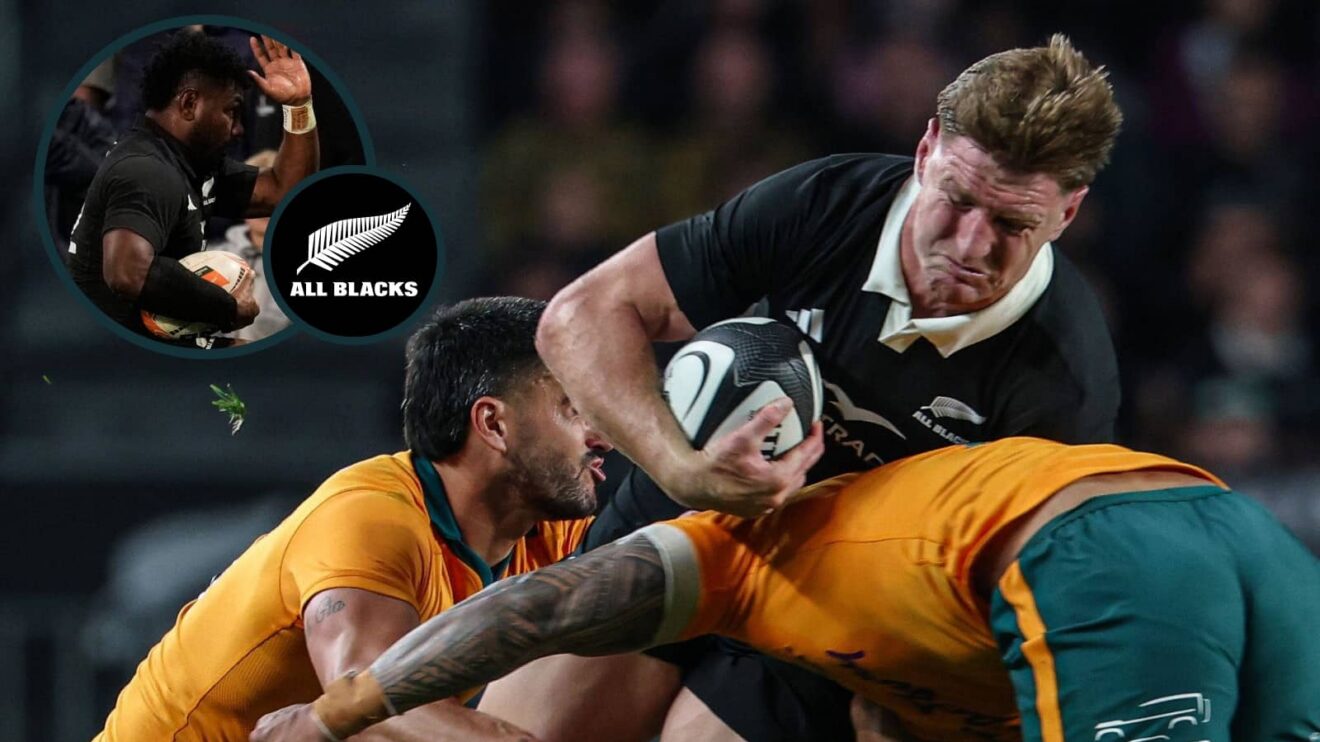 All Blacks centre duo Jordie Barrett and Timoci Tavatavanawai (inset) in action.