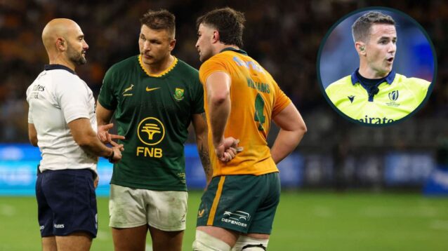 Andrea Piardi refereeing Wallabies v Springboks and fellow official Luke Pearce (inset).