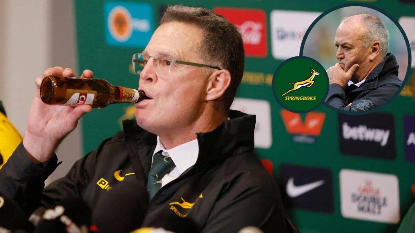 Springboks head coach Rassie Erasmus and an inset of ex-All Blacks boss Sir Graham Henry.