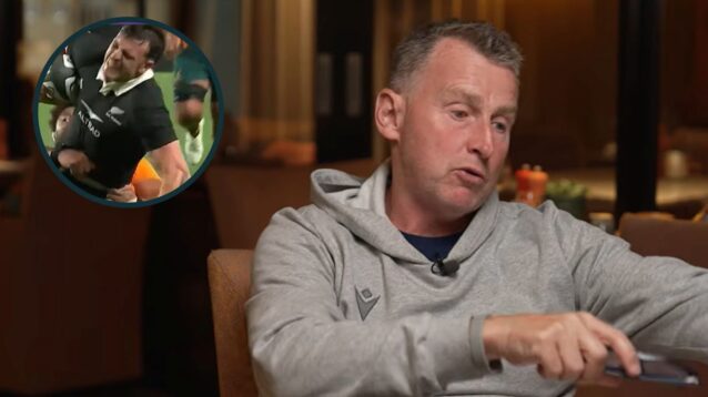 Former Test referee Nigel Owens and the hip drop tackle on All Black Leroy Carter (inset).