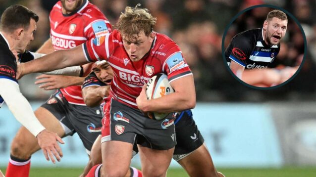 Jac Morgan and Finn Russell (inset) in action during Gloucester v Bath in the Gallagher PREM.