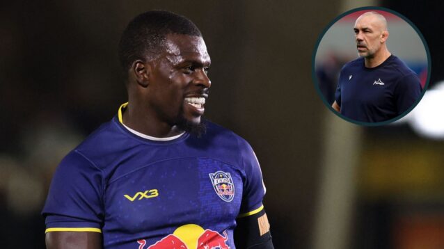 Christian Wade in action for Newcastle Red Bulls and Sale Sharks boss Alex Sanderson (inset).