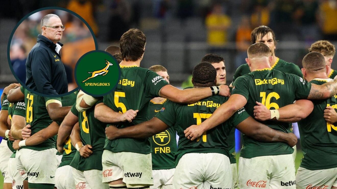 A two layered image of Springbok players and Rassie Erasmus
