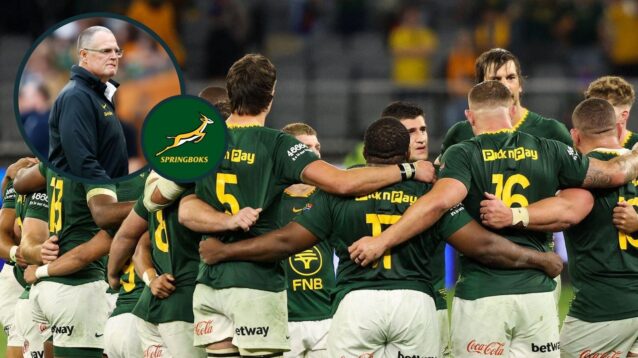 A two layered image of Springbok players and Rassie Erasmus