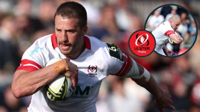 Ulster back Stuart McCloskey and an inset of Jacob Stockdale.