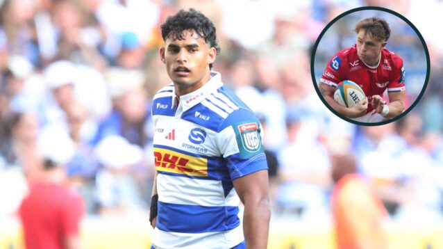 Stormers fly-half Yaqeen Ahmed and an inset of Scarlets winger Macs Page.