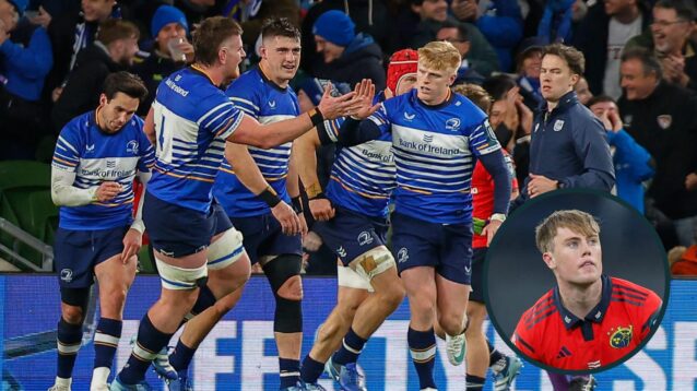 Two-layer image of Leinster and Munster URC rugby