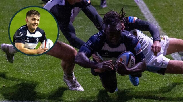 A two layered image of Gabriel Ibitoye (right) and Harry Randall (left) in Bristol Bears v Exeter Chiefs