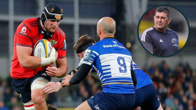 Gavin Coombes, who alleged that he was grabbed by the testicles, in action against Leinster, and Munster boss Clayton McMillan (inset).