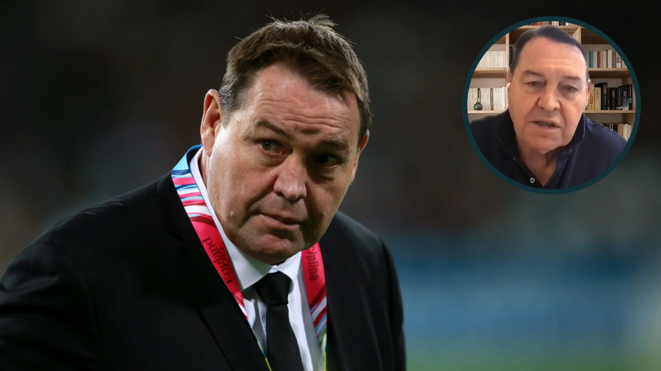 Sir Steve Hansen during 2015 Rugby World Cup and on Rugby Unity podcast (inset).