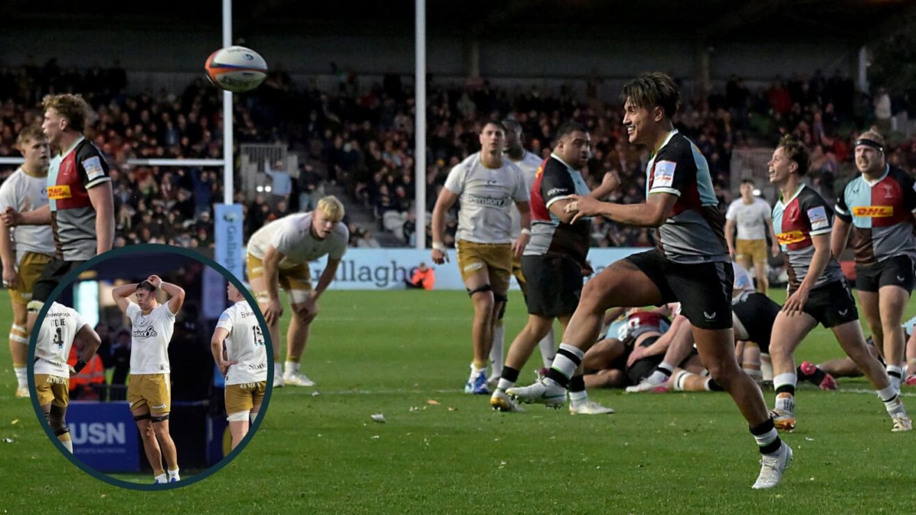 Harlequins fly-half Marcus Smith kicks ball out after PREM Rugby win over Saracens.