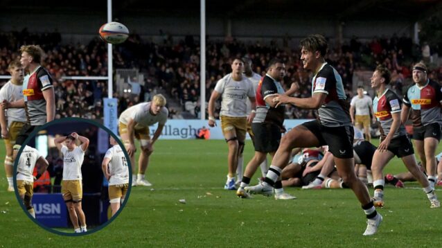 Harlequins fly-half Marcus Smith kicks ball out after PREM Rugby win over Saracens.