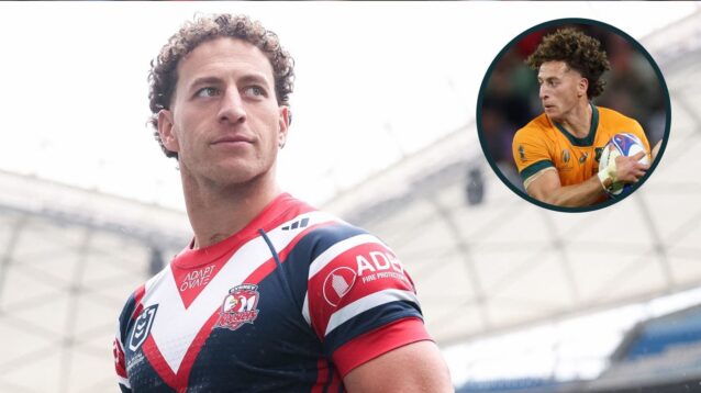 Mark Nawaqanitawase while at Sydney Roosters and playing for the Wallabies at the 2023 Rugby World Cup (inset).