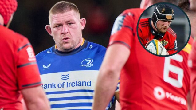 Tadhg Furlong, who has been accused of a testicle grab, and his alleged victim, Gavin Coombes (inset).