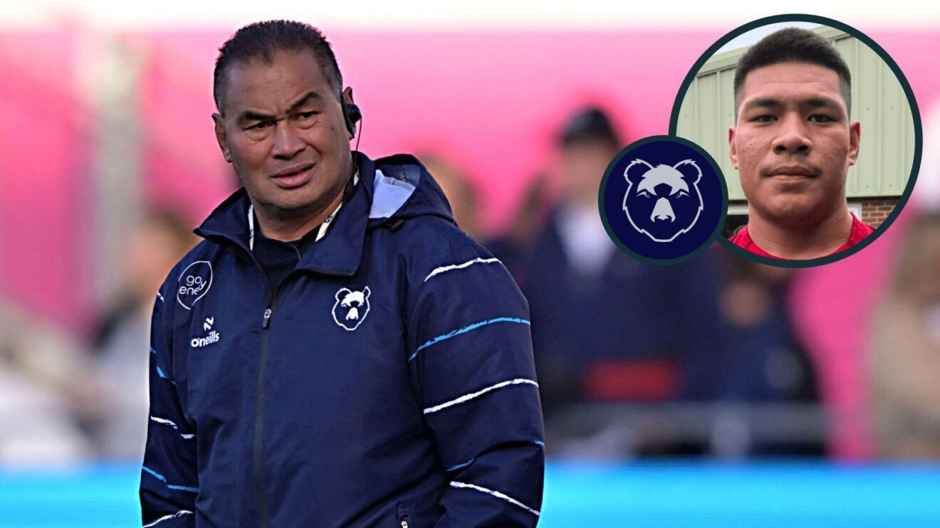 A two layered image of Totoa Auvaa and Bristol Bears director of rugby Pat Lam