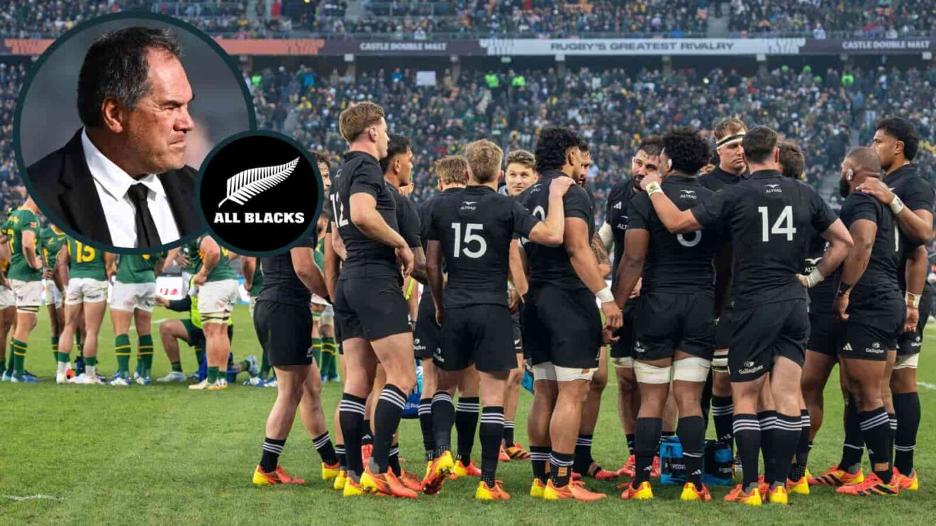 All Blacks players huddle and an inset of Dave Rennie.