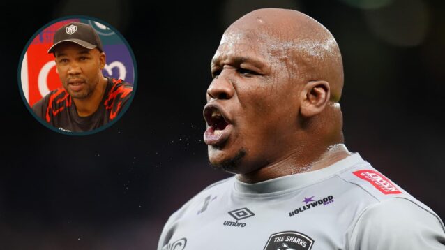 Bongi Mbonambi and an inset of Sharks head coach JP Pietersen.