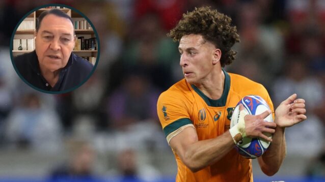 Mark Nawaqanitawase in action for the Wallabies and legendary All Blacks coach Sir Steve Hansen (inset).