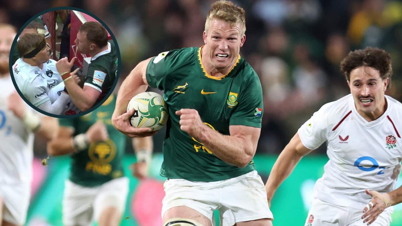 Springboks flanker Pieter-Steph du Toit in action against England in the Naions Championship and an inset of Henry Pollock and Ollie Chessum.