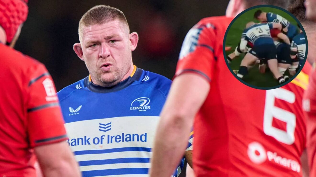 Tadhg Furlong during Leinster v Munster and the incident (inset) he has been cited for.