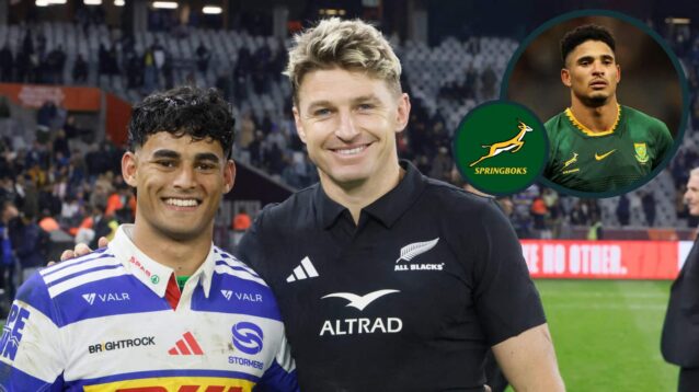 Stormers fly-half Yaqeen Ahmed and All Blacks playmaker Beauden Barrett with an inset of Springbok Sacha Feinberg-Mngomezulu.