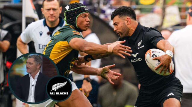 Richie Mo'unga in action for the All Blacks against the Springboks and ex-New Zealand fly-half Stephen Donald (inset).