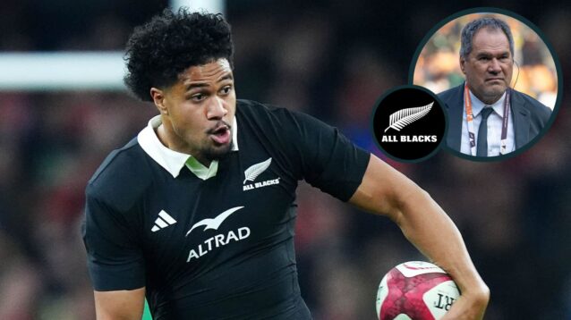 Leicester Fainga'anuku in action for the All Blacks and New Zealand head coach Dave Rennie (inset).