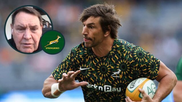 Springboks forward Eben Etzebeth and an inset of Sir Steve Hansen.