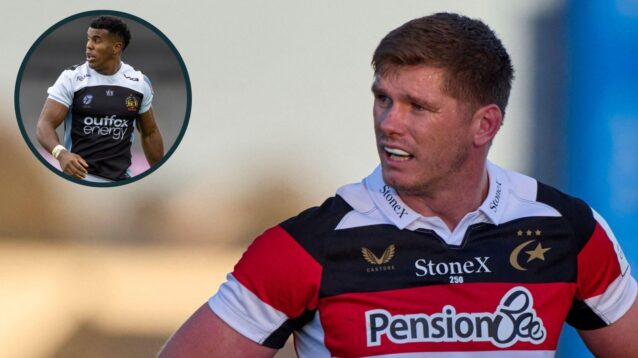 A two layered image of Owen Farrell (right) and Immanuel Feyi-Waboso (left)