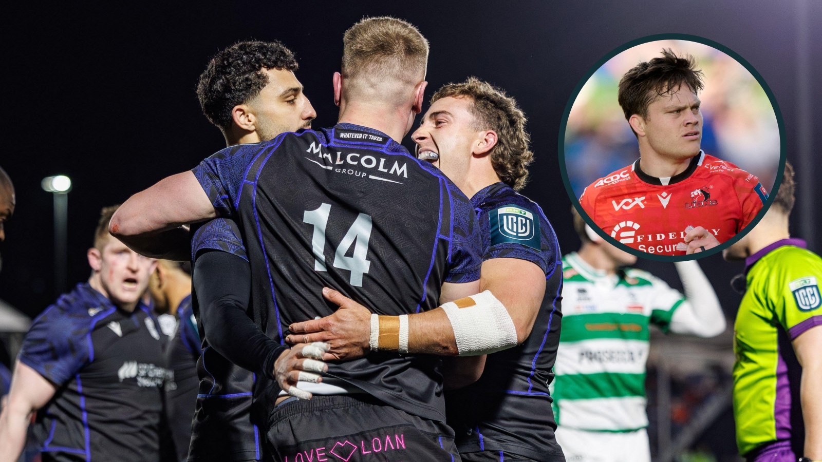Photo: Planet Rugby Glasgow warriors winger fergus watson and an inset of lions back quan horn