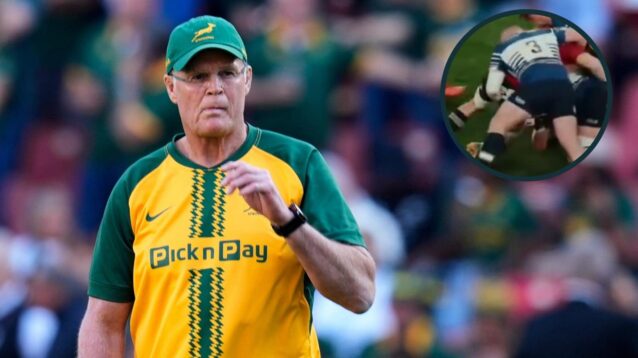 Springboks head coach Rassie Erasmus and Tadhg Furlong's alleged testicle grab (inset).